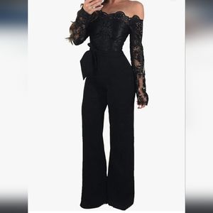 Black Lace Cold Shoulder Flare Leg Jumpsuit One Piece Bell Bottoms Long Sleeve
